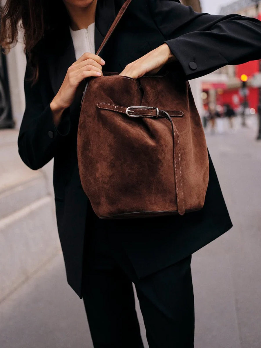 Belted Bucket Bag Large Dark Brown Suede