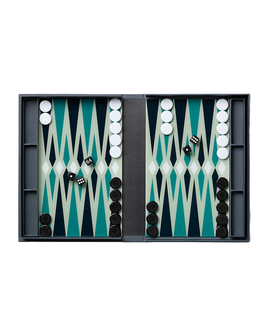 Printworks Classic Backgammon Spiel in Blau Grau Grün geöffnet Freisteller