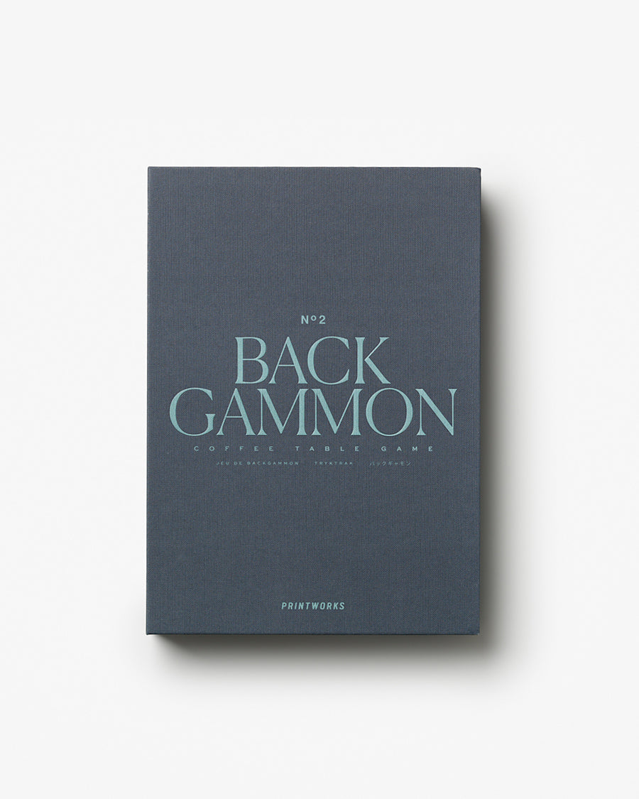 Printworks Classic Backgammon Spiel in Blau Grau Grün geschlossen Verpackung Vogelperspektive
