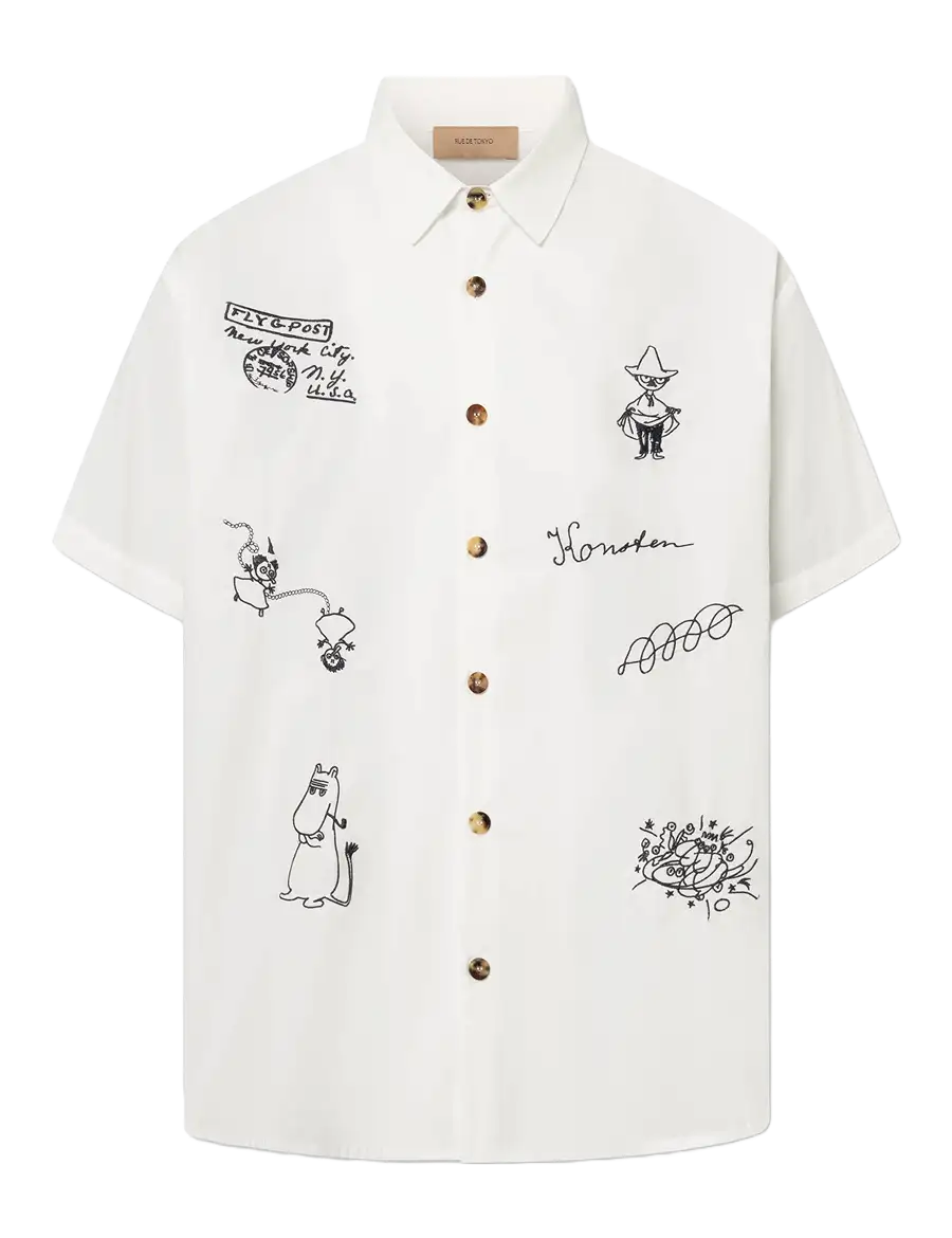 Rue de Tokyo Hemd Salvio Weiß mit schwarzer Moomin-Stickerei Produktfoto