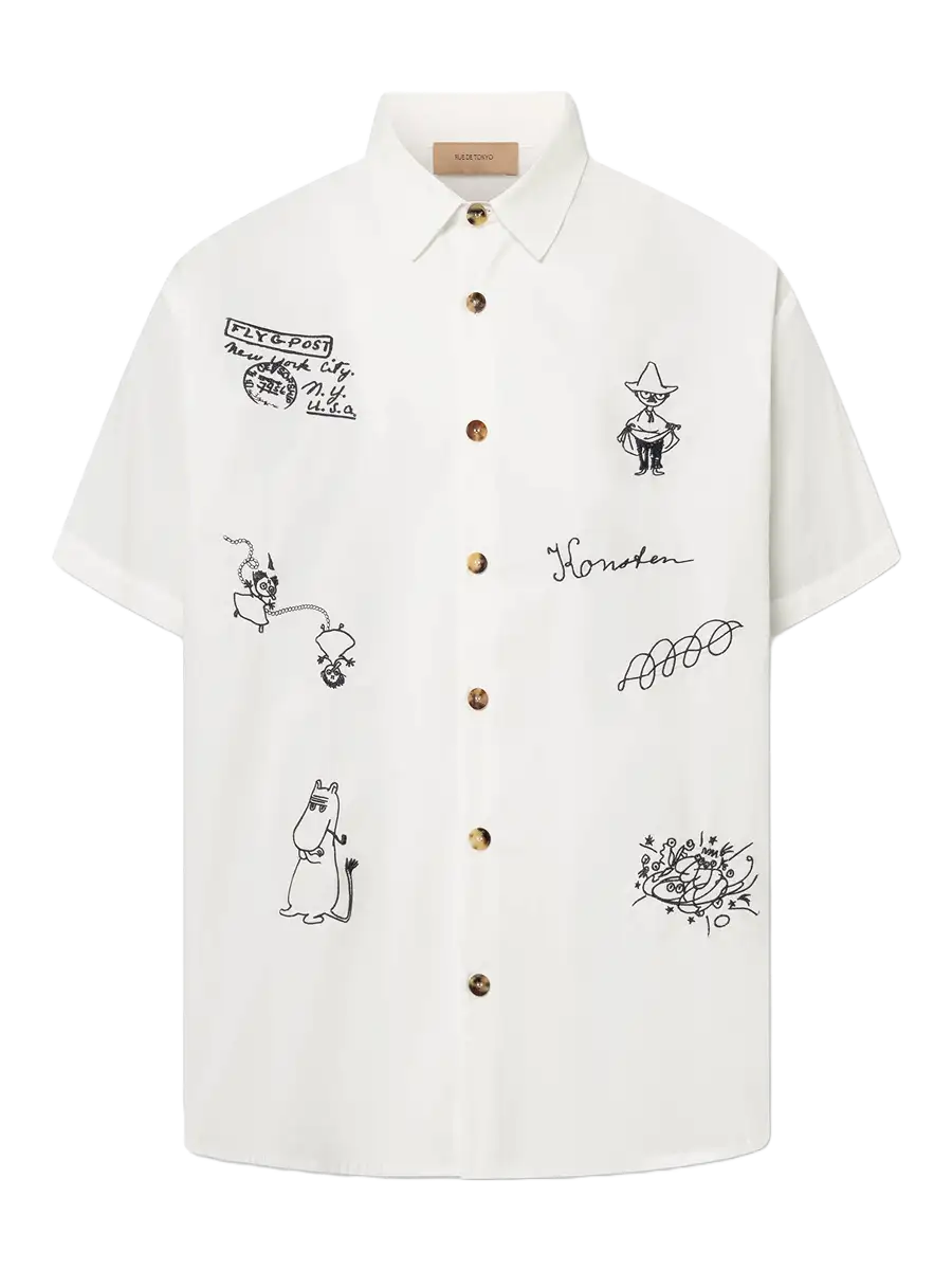 Rue de Tokyo Hemd Salvio Weiß mit schwarzer Moomin-Stickerei Produktfoto