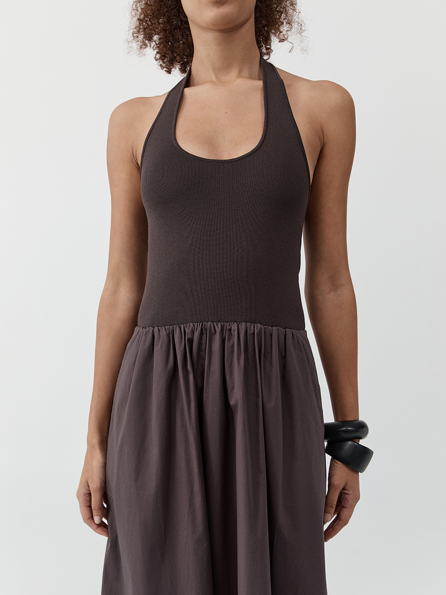 Halter Gathered Dress Chocolate Plum