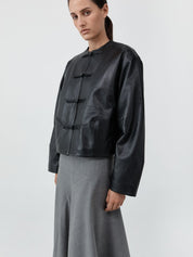 Button Detail Cocoon Leather Jacket Black