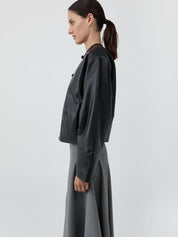 Button Detail Cocoon Leather Jacket Black