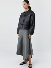 Button Detail Cocoon Leather Jacket Black