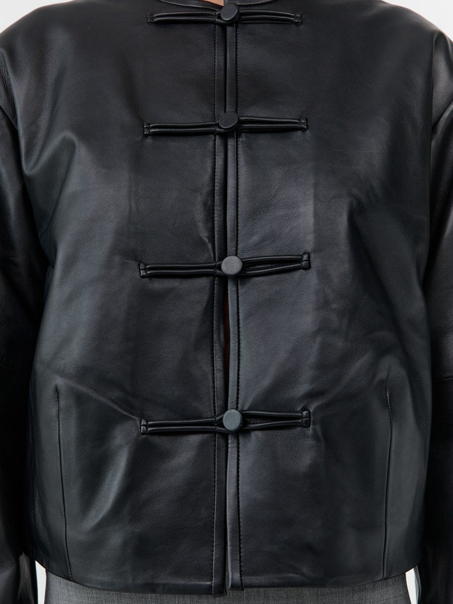 Button Detail Cocoon Leather Jacket Black