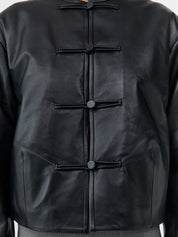 Button Detail Cocoon Leather Jacket Black