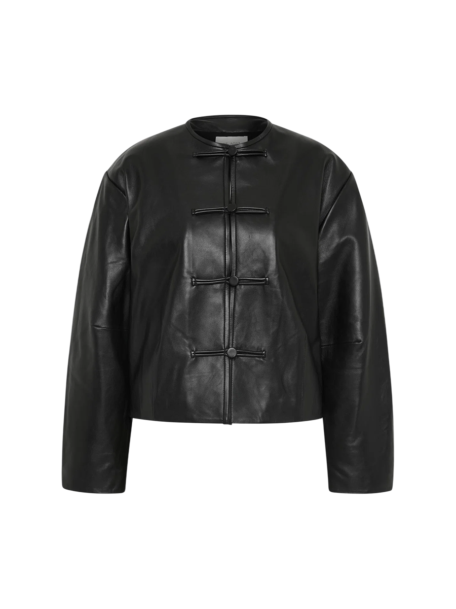 Button Detail Cocoon Leather Jacket Black