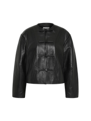 Button Detail Cocoon Leather Jacket Black