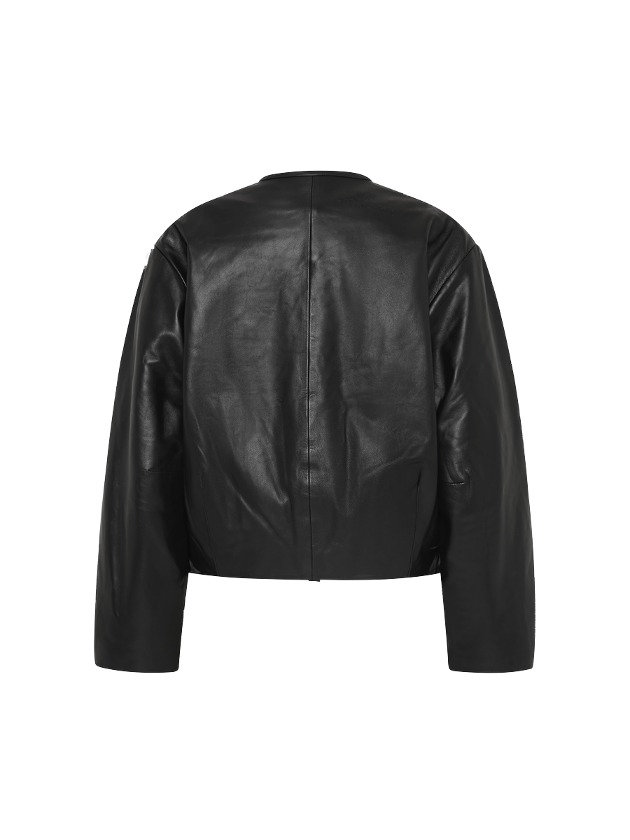 Button Detail Cocoon Leather Jacket Black