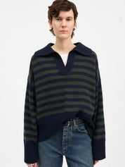 Skall Studio Dean V-Neck Navy Green Stripe – Detailbild 3