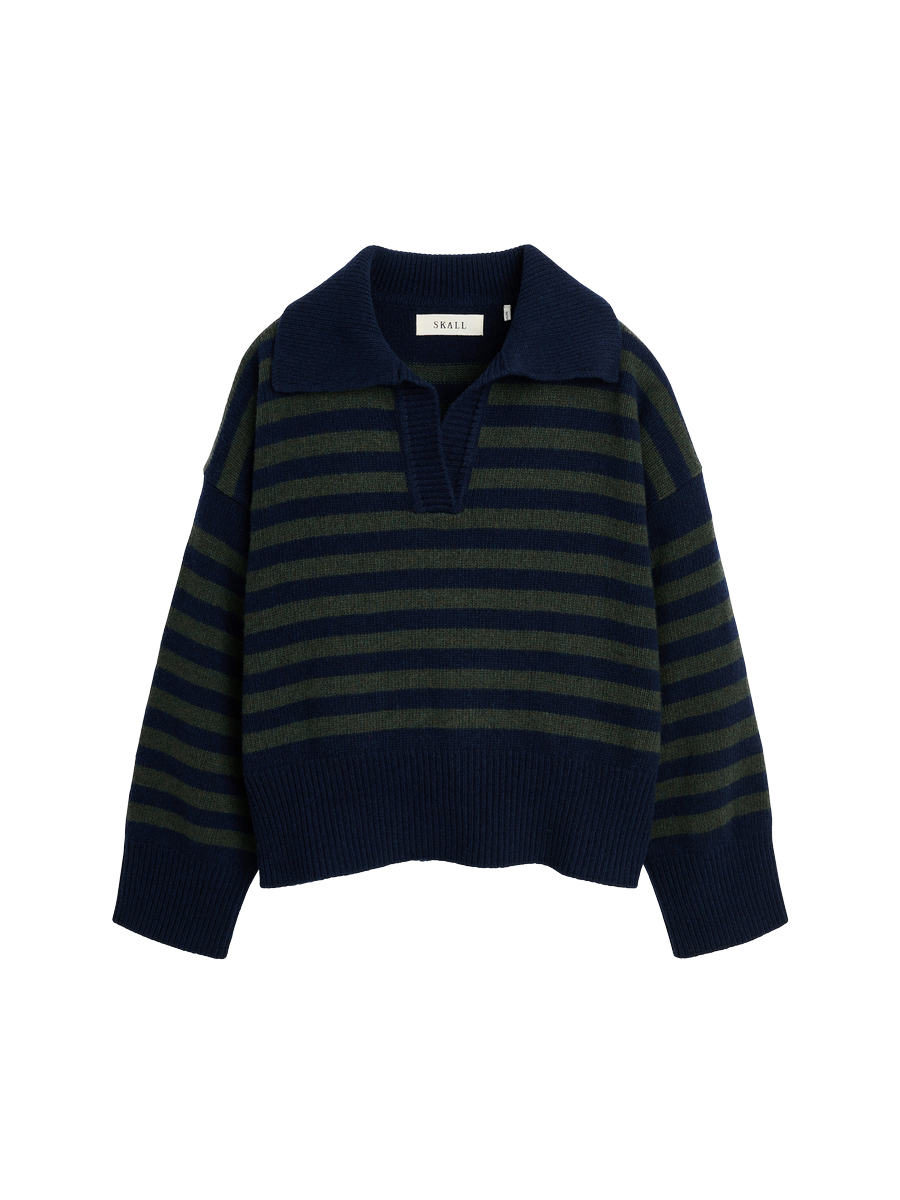 Skall Studio Dean V-Neck Navy Green Stripe – Detailbild 4